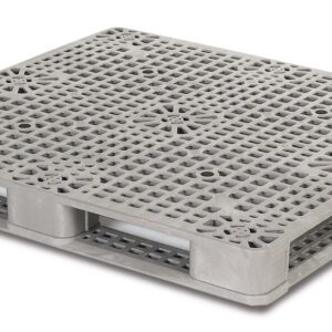 A gray plastic pallet on a white background.