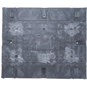 A black plastic sheet with holes, resembling a plastic pallet.
