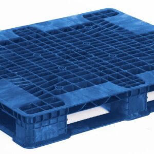 A blue plastic pallet on a white background.