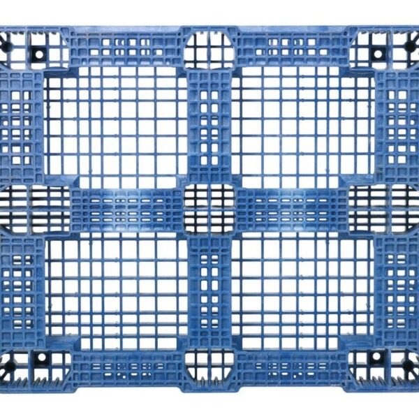 From a top view, the 40 x 48 RACKO MD blue plastic pallet displays a distinct grid design with square openings and reinforced corners, ideally suited for a 40 x 48 rack system.