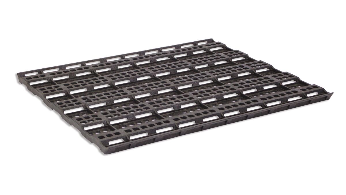 A black plastic tray on a white background.