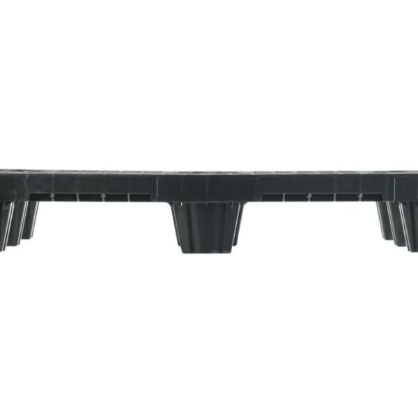 The 40 x 48 XP Economy black plastic pallet features a flat top and nine evenly distributed legs across the base.
