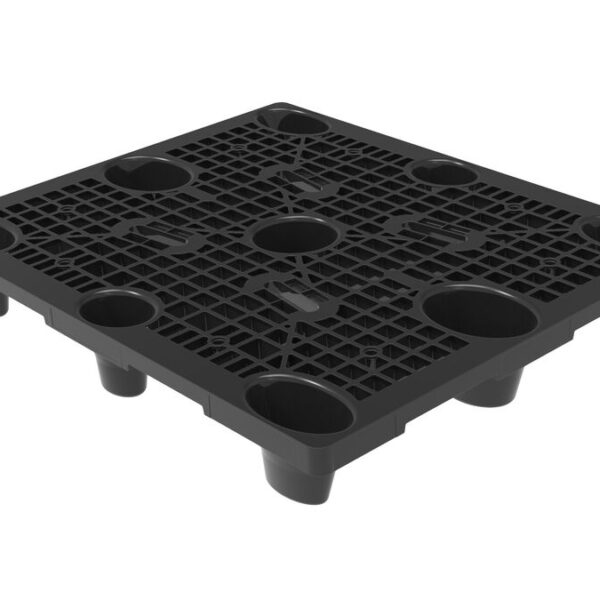 A black plastic pallet with four holes.