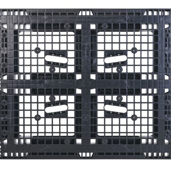 The 40 x 48 ODYSSEY SD OPEN DECK black plastic pallet features an open deck design with a grid pattern and four rectangular openings shown from above.