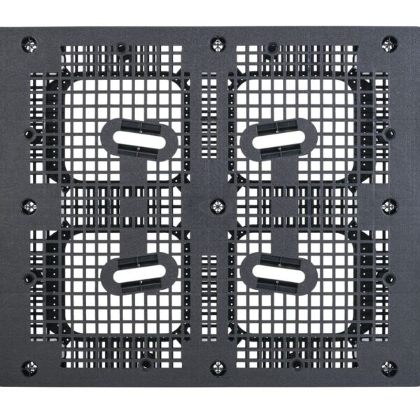 A grid-patterned, square black metal grate featuring eight screw points is perfect for enhancing the stability of a 40 x 48 P3 Pallet with reinforcement.