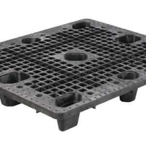 A black plastic pallet with holes.
