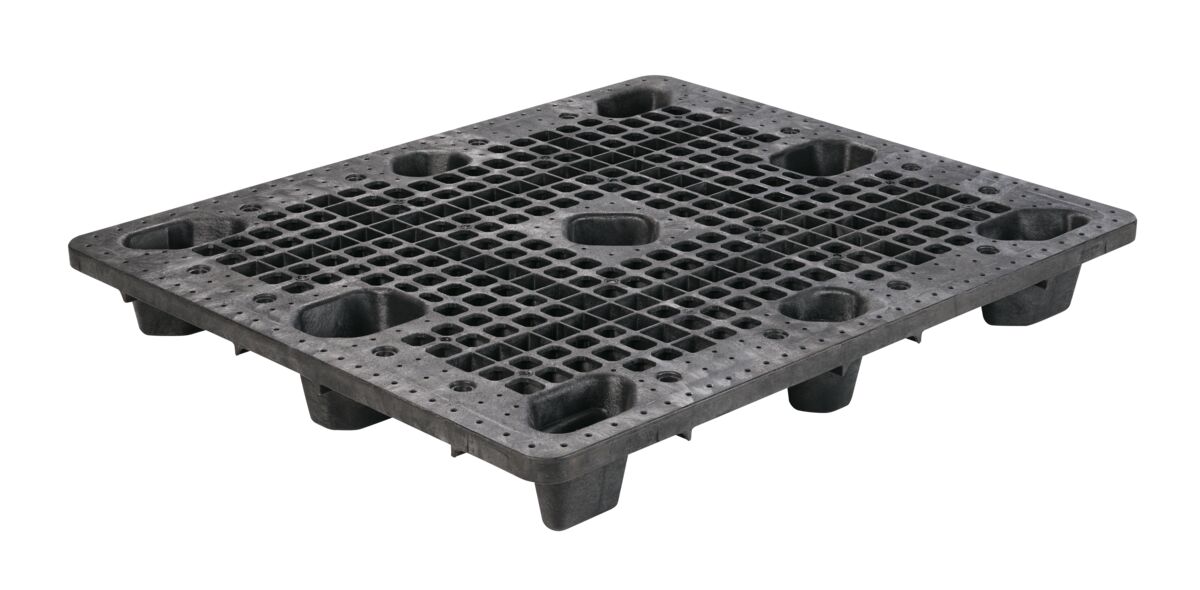 A black plastic pallet with holes.