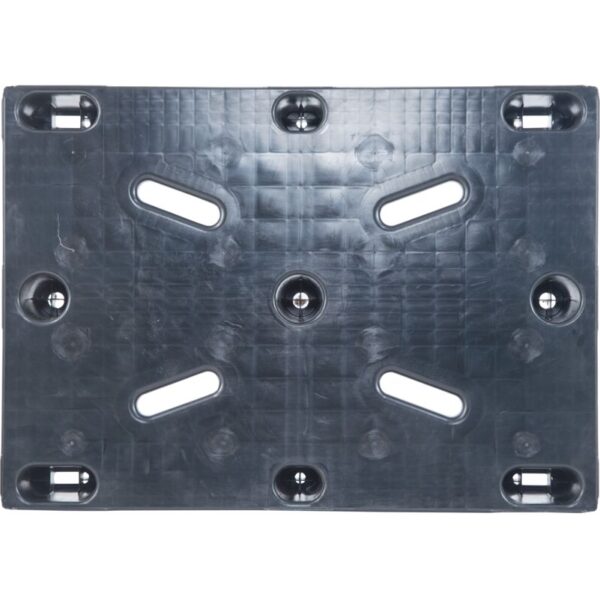 A black plastic pallet with holes.