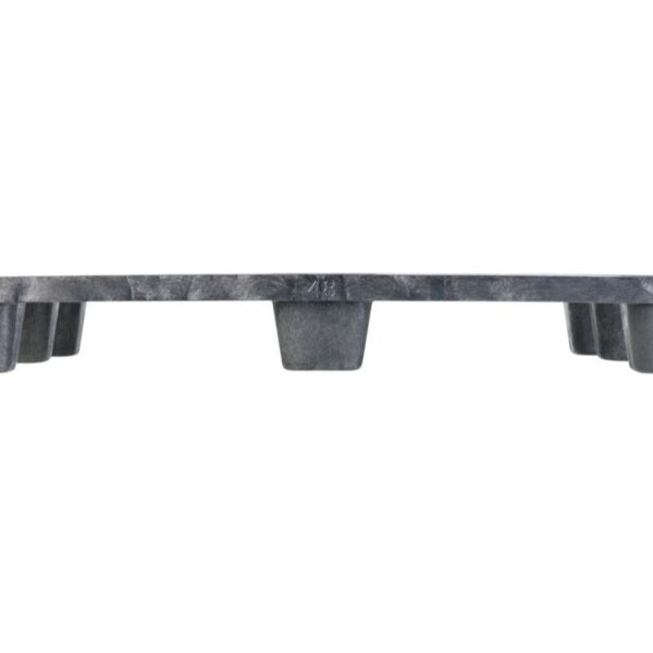 The 42 x 48 VERSA PAL gray plastic pallet, featuring a flat top and rounded supports, is displayed from a side angle.
