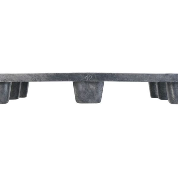 A VERSA PAL plastic pallet in gray, measuring 42 x 48 inches, has a flat top and four sturdy supporting legs when viewed from the side.