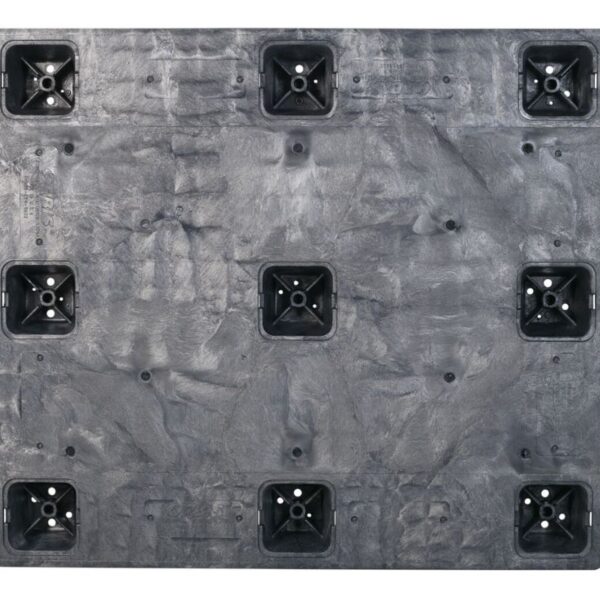 The 42 x 48 VERSA PAL plastic pallet boasts eight feet and a grid pattern, with a textured surface and dark gray color that enhance its durability and functionality when viewed from above.