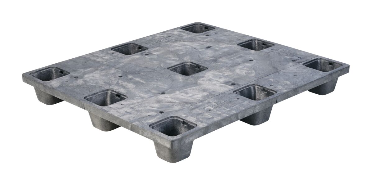 A gray plastic pallet with four holes.