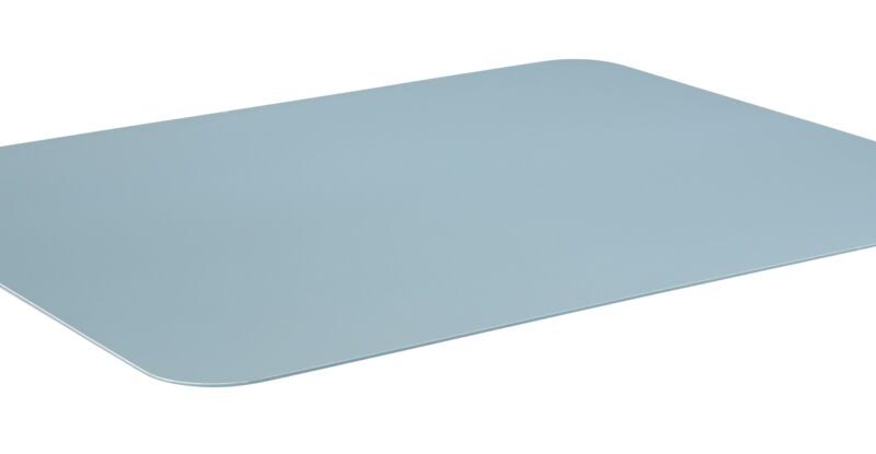 A blue plastic pallet on a white surface.