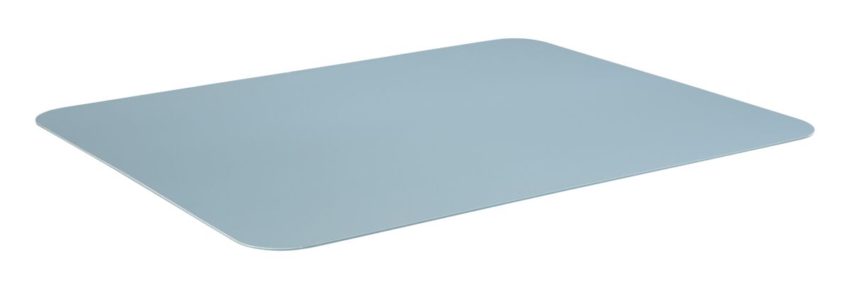 A blue plastic pallet on a white surface.
