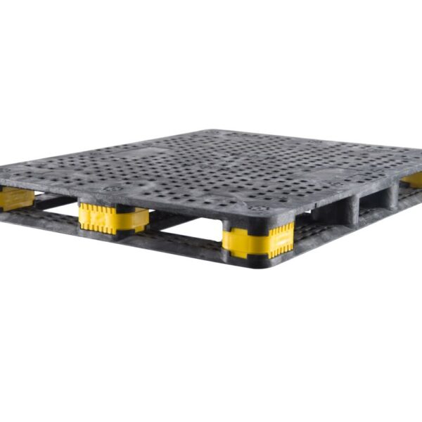 A black plastic 44 x 56 BulkPal with 3.0" connectors pallet with yellow accents on an isolated white background.