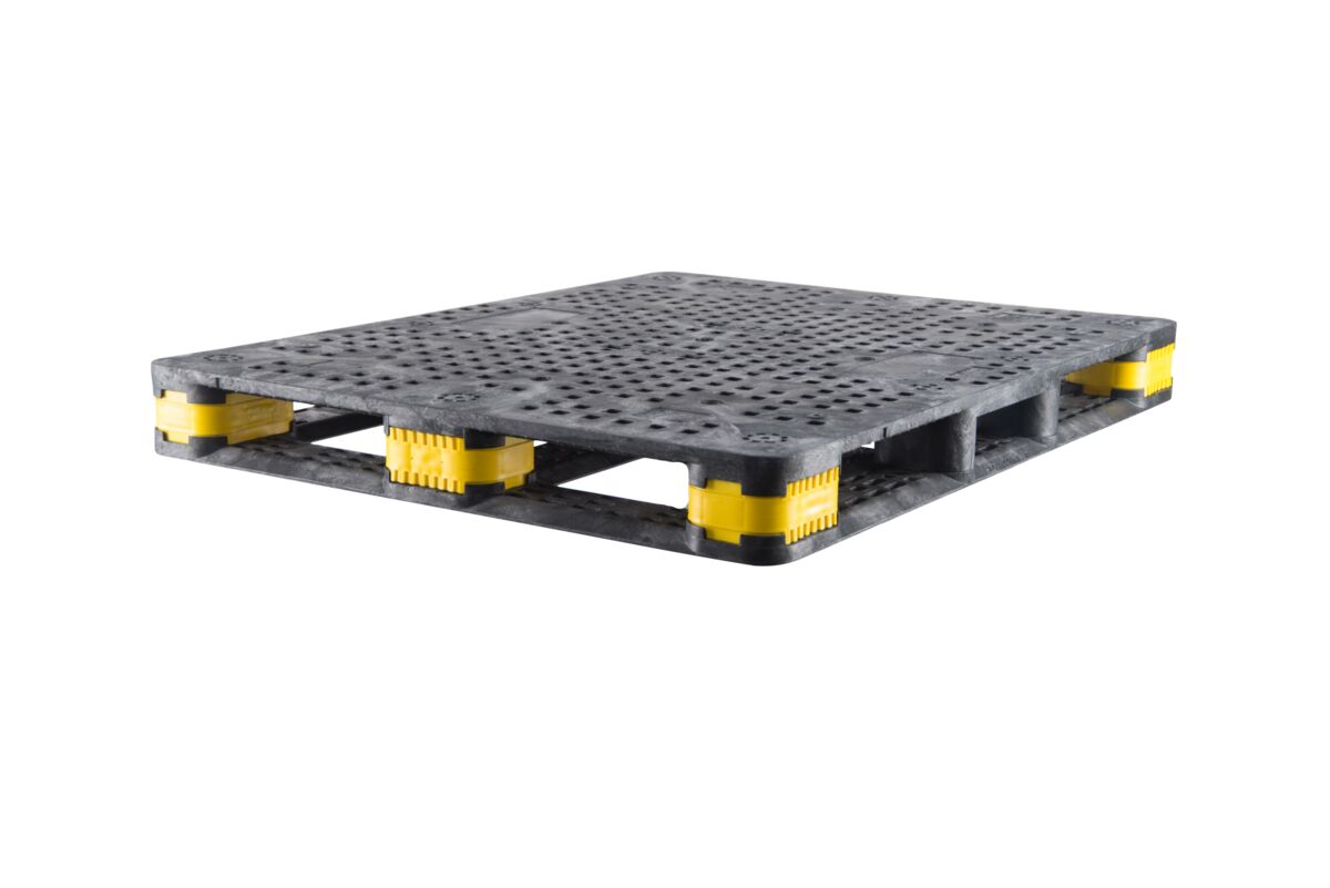 A black plastic 44 x 56 BulkPal with 3.0" connectors pallet with yellow accents on an isolated white background.