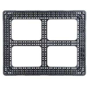 A black plastic pallet with four holes.