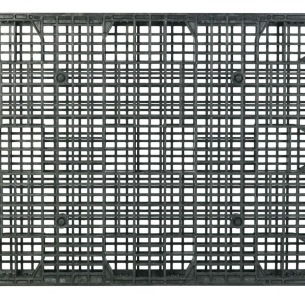The 44 x 56 HDSC black plastic pallet is displayed from above, highlighting its efficient and sturdy grid-like design.
