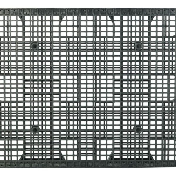 The 44 x 56 HDSC is a black square-shaped pallet made of plastic, featuring a grid-like design for efficient transporting and storing of goods.