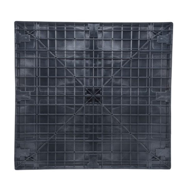 A black plastic pallet on a white background.