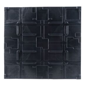 An image of a black plastic pallet with squares.