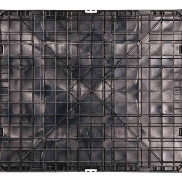 A black plastic bulk container lid