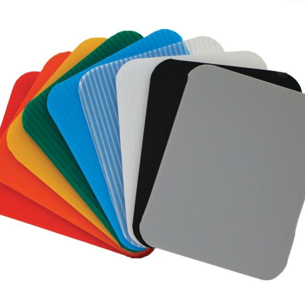 A fan arrangement of rectangular, colored Divider Sheet: Aluminum Can featuring red, orange, yellow, green, blue, white, black, and gray. Each sheet has rounded corners and a ribbed texture.