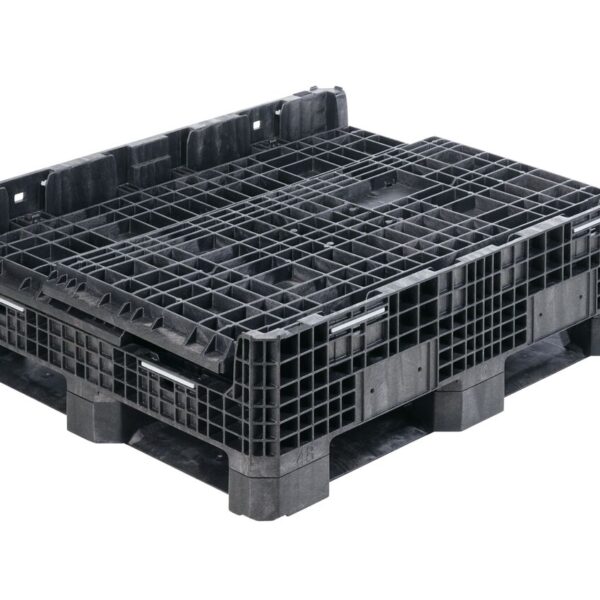 The GP4048-34 is a black, heavy-duty plastic pallet box featuring a grid structure, stackable design, and closed sides, displayed against a white background.