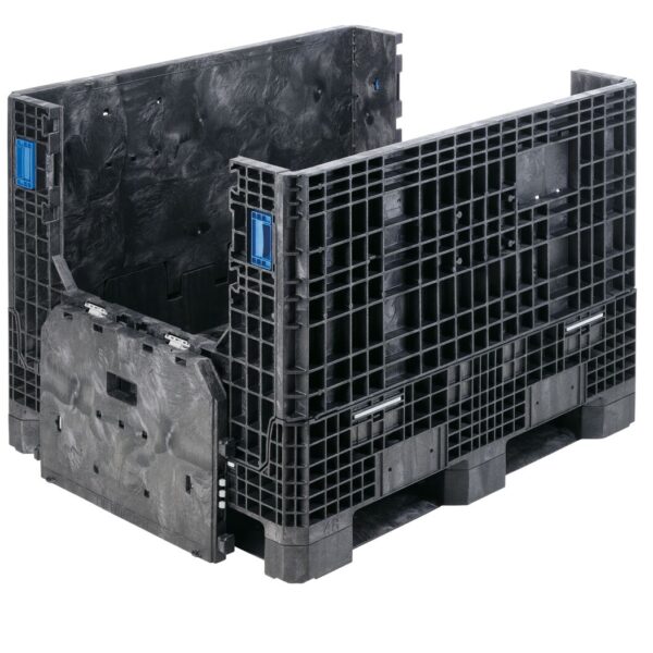 The GP4048-34 is a black, collapsible plastic bulk container with grid-patterned sides and an open front panel, shown on a white background.