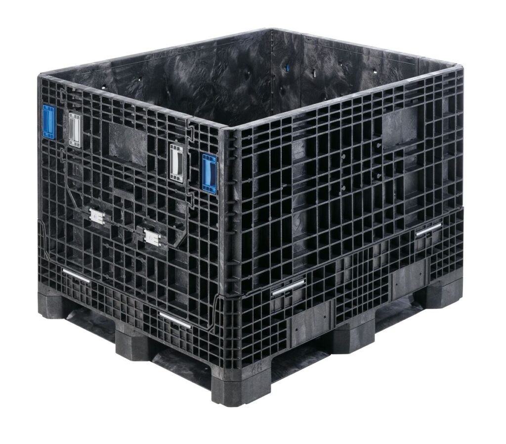 The GP4048-34 is a large black plastic bulk storage container