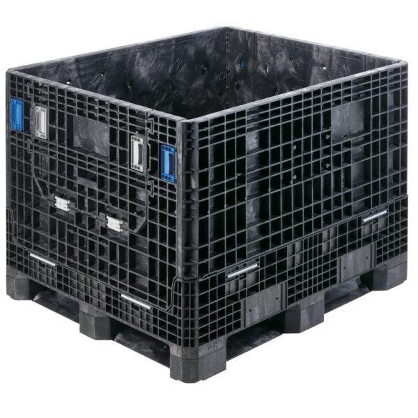 The GP4048-34 is a large black plastic collapsible bulk storage container with grid-patterned sides and reinforced corners, ideal for industrial or warehouse applications.