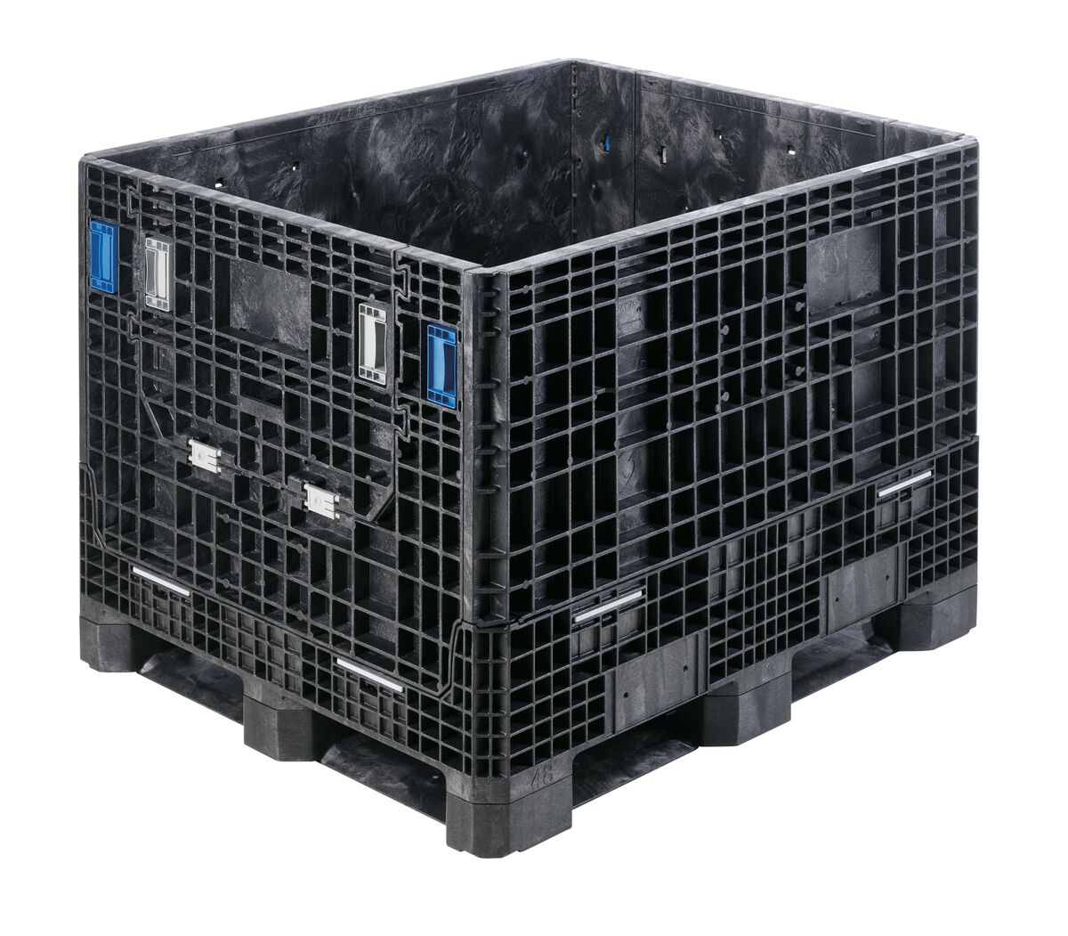 The GP4048-34 is a large black plastic collapsible bulk storage container with grid-patterned sides and reinforced corners, ideal for industrial or warehouse applications.