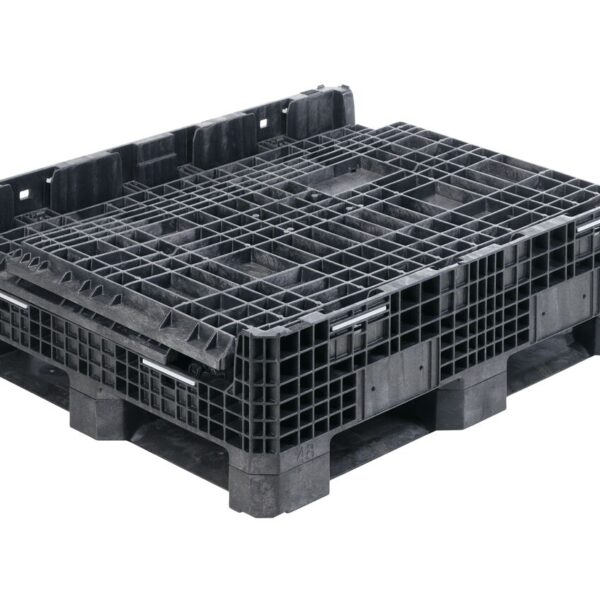 GP4048-39_3Q-COLLAPSED_BLACK The GP4048-39 is a large, black, heavy-duty plastic pallet box with a grid structure, displayed on a white background.