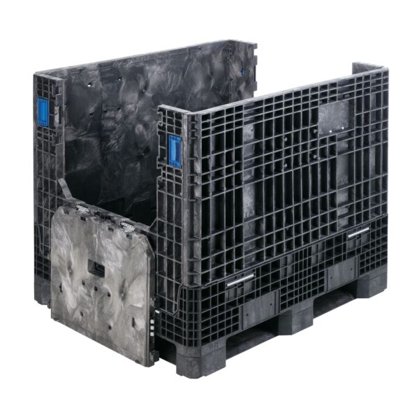 The GP4048-39 is a large black collapsible plastic bulk storage container with an open side and blue locking latches, ideal for industrial shipping and storage.