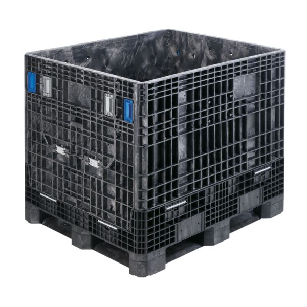 The GP4048-39 is a large, black plastic bulk storage container featuring a grid pattern and reinforced corners, shown on a white background.