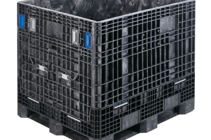 The GP4048-39 is a large, black plastic bulk storage container featuring a grid pattern and reinforced corners, shown on a white background.