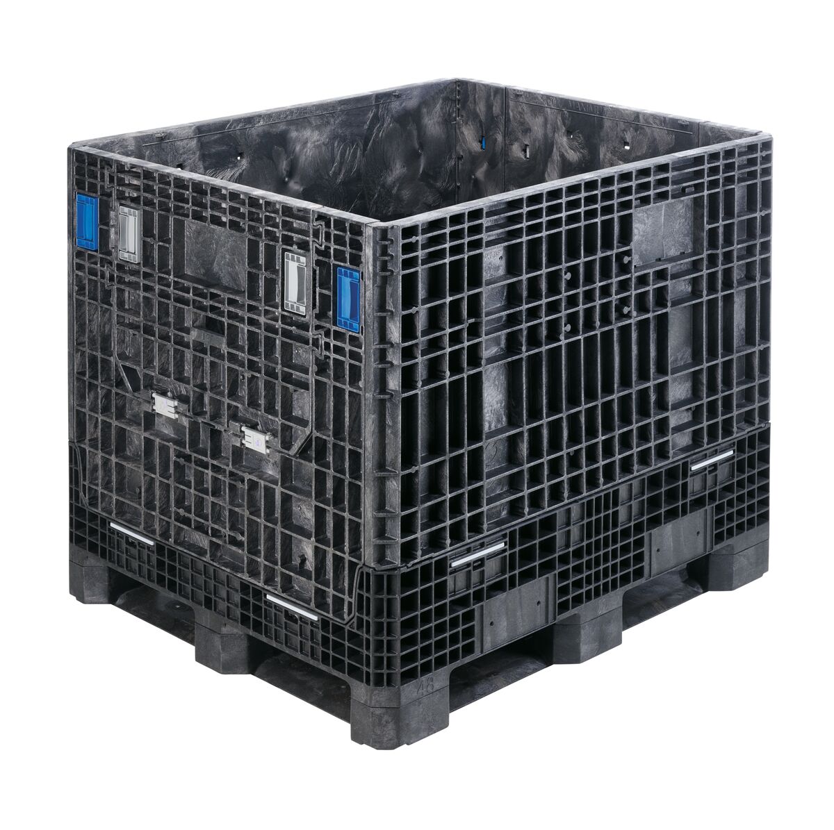 The GP4048-39 is a large, black plastic bulk storage container featuring a grid pattern and reinforced corners, shown on a white background.
