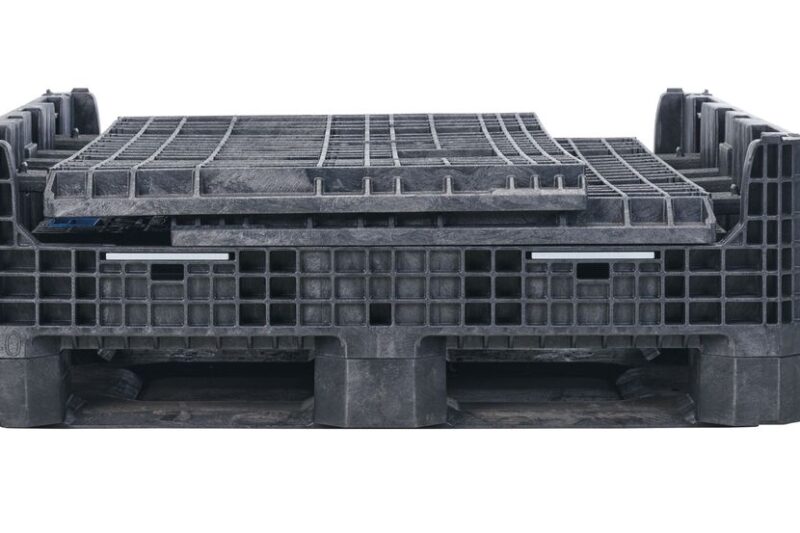 GP4048-39_SS-COLLAPSED_BLACK The GP4048-39 is a stackable, black plastic collapsible pallet box shown folded against a white background.