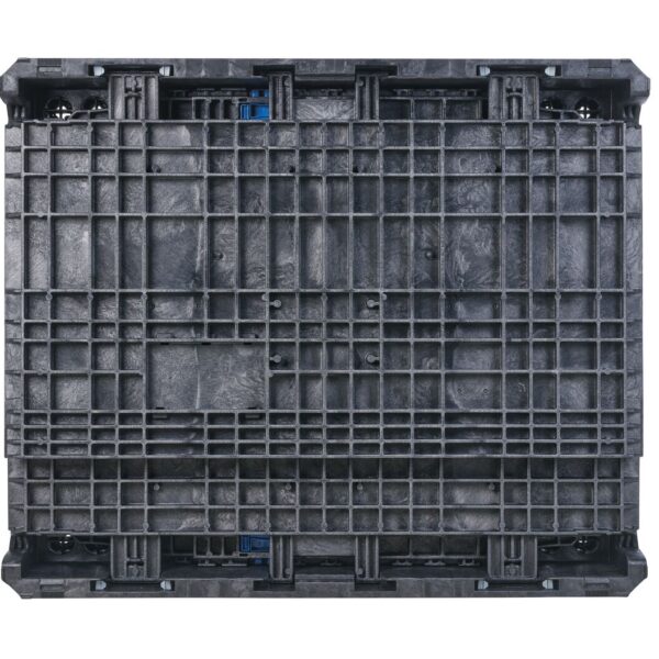 GP4048-39_TOP-COLLAPSED_BLACK The GP4048-39 is a square, black plastic pallet viewed from above, featuring a grid-like surface pattern and reinforced edges.