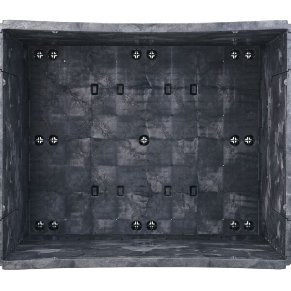 GP4048-39_TOP_BLACK A top-down view of the GP4048-39, an empty rectangular industrial gray storage container featuring a textured interior and multiple screw connectors on its floor and walls.