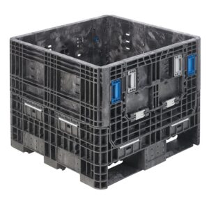 The HDR3230-25 is a large black industrial plastic bulk container with blue handles and reinforced sides, ideal for heavy-duty shipping or storage.