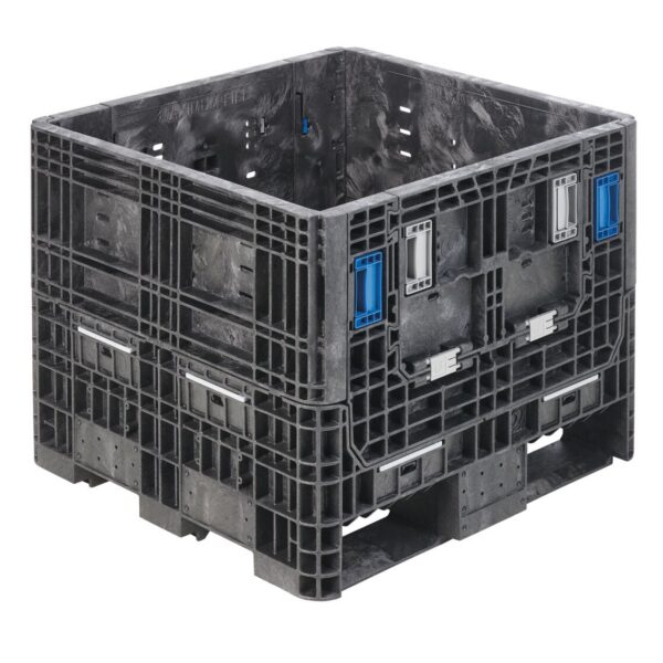 The HDR3230-25 is a large black industrial plastic storage crate with blue handles and reinforced sides, ideal for heavy-duty shipping or storage.
