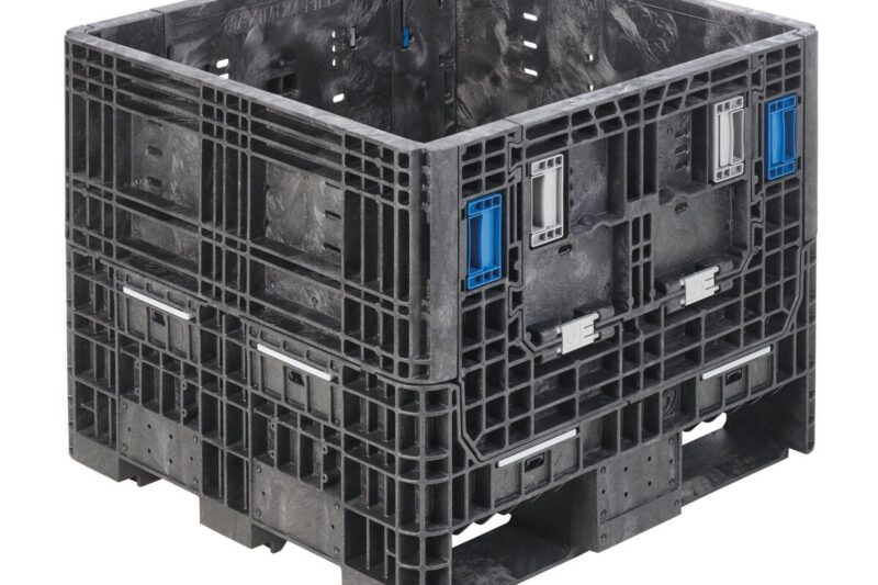 The HDR3230-25 is a large black industrial plastic storage crate with blue handles and reinforced sides, ideal for heavy-duty shipping or storage.