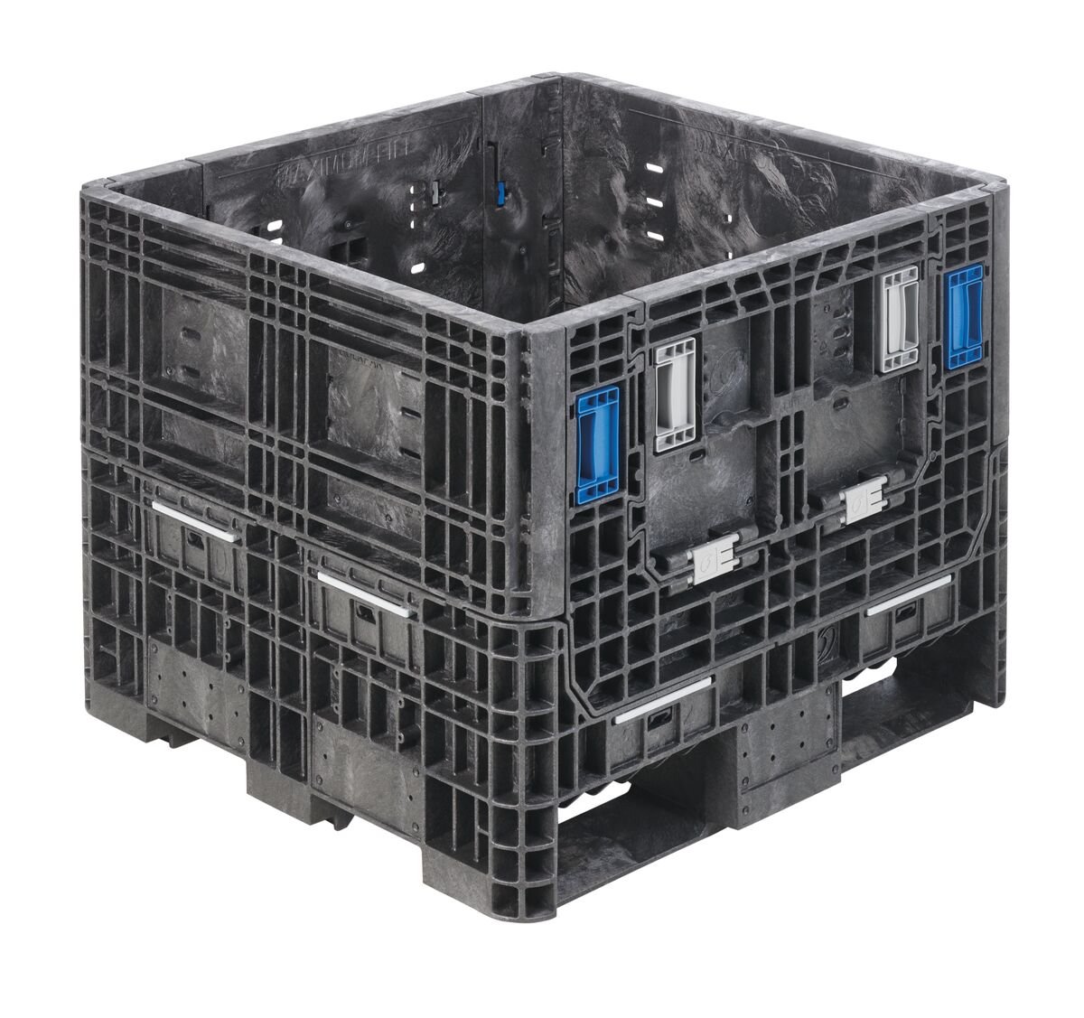 The HDR3230-25 is a large black industrial plastic bulk container with blue handles and reinforced sides, ideal for heavy-duty shipping or storage.