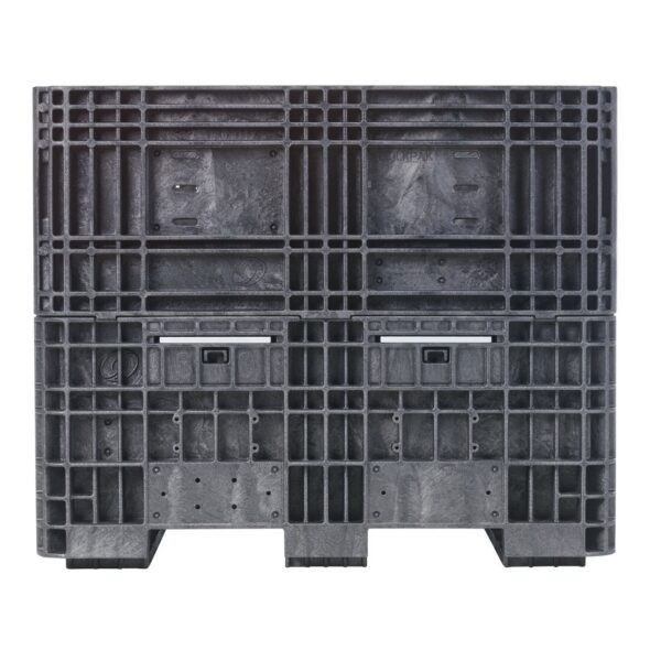 The HDR3230-25 is a large black plastic industrial pallet box featuring a grid structure and two rectangular front access doors.