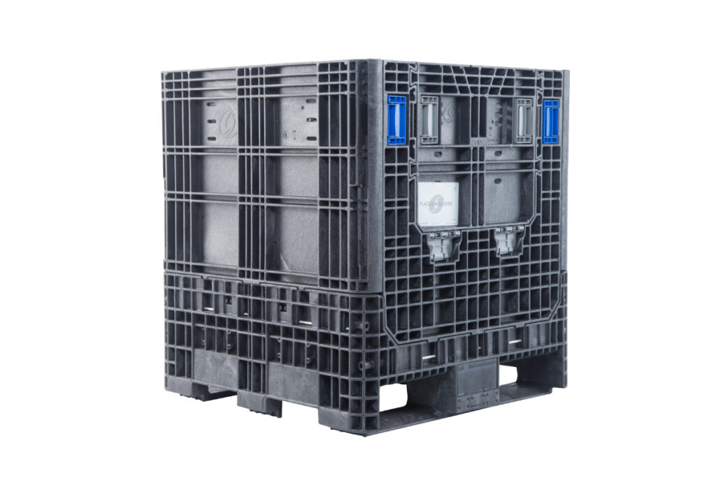 The HDR3230-34 is a large, black, heavy-duty plastic pallet box with reinforced sides and a pallet-style base, shown against a white background.
