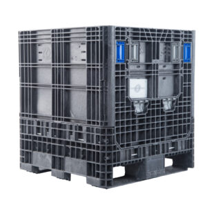 The HDR3230-34 is a large, black, heavy-duty plastic pallet box with reinforced sides and a pallet-style base, shown against a white background.