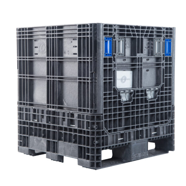 The HDR3230-34 is a large, black, heavy-duty plastic pallet box with reinforced sides and a pallet-style base, shown against a white background.