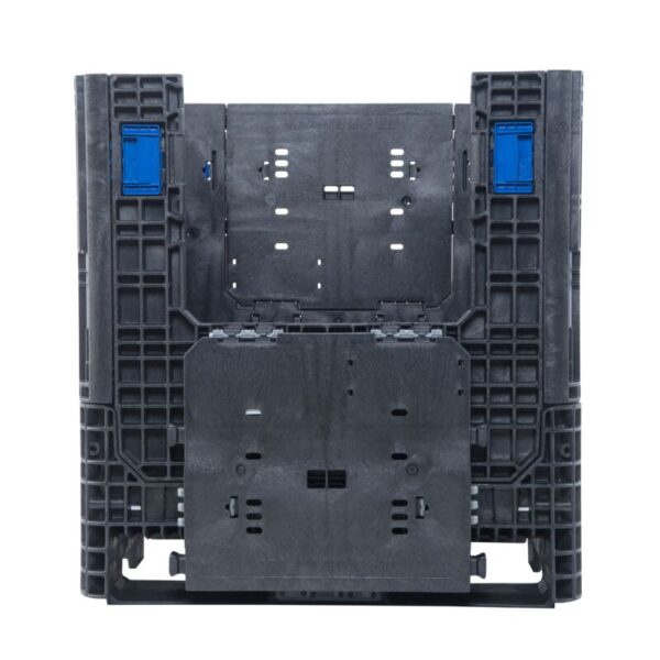 A collapsible bulk container made of black plastic