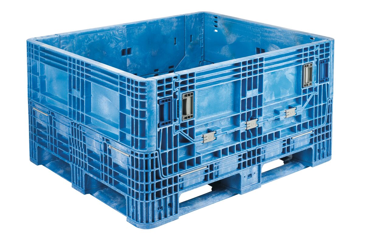 HDR4048-25 is a large reusable bulk bin featuring reinforced sides and an open top, designed for bulk material handling.